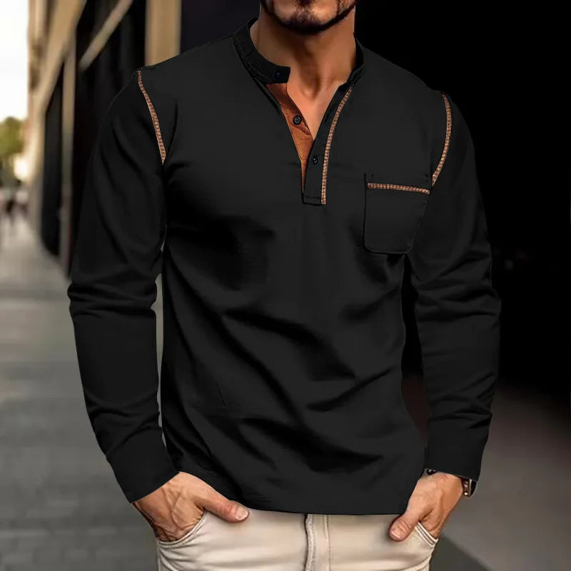 Chemise Homme Manches Longues Col Henley Poche Casual – CLEVI Paris