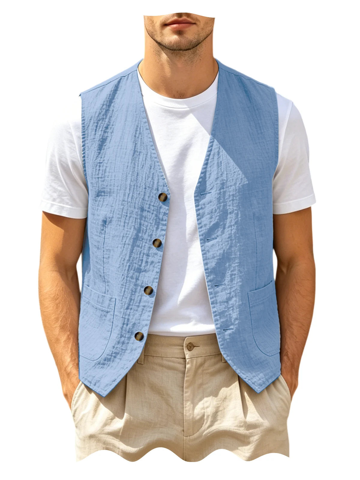 Gilet homme en lin col V – CLEVI Paris