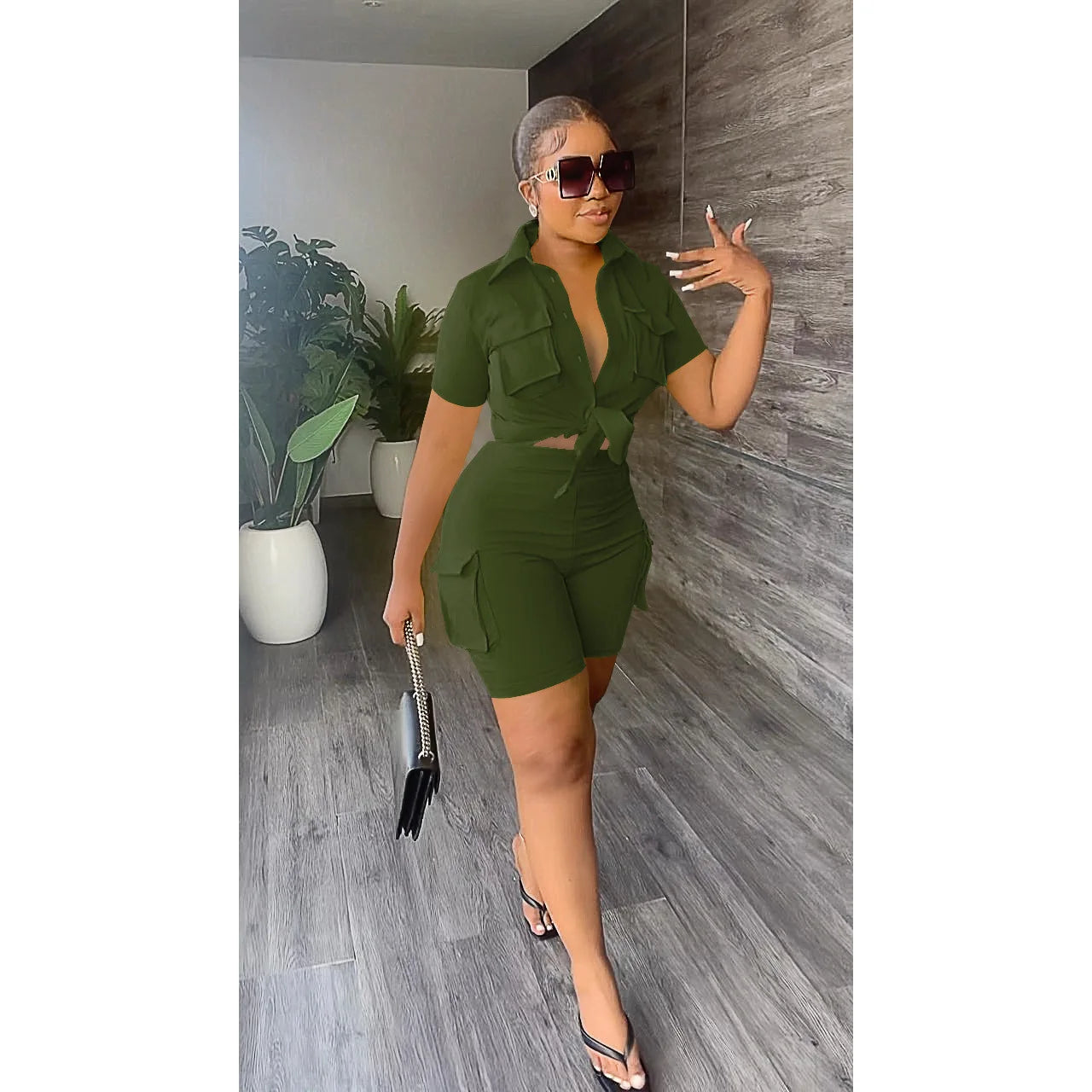 Ensemble Deux Pièces Femme Streetwear – Chemise Boutonné Manches Courtes & Short Assorti – CLEVI Paris
