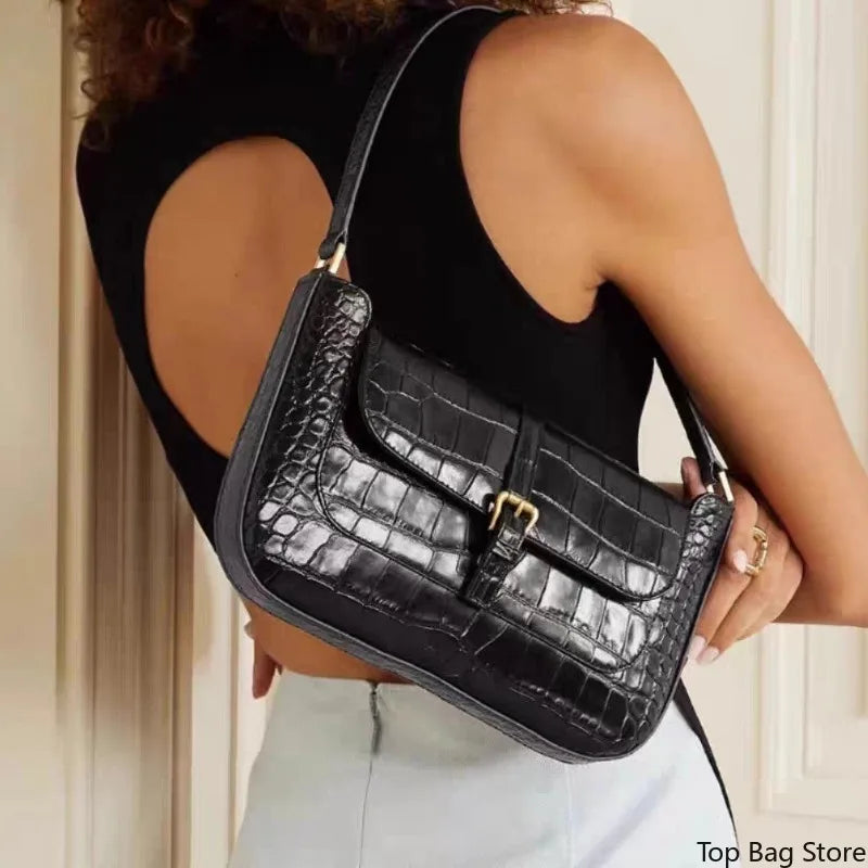 Sac Épaule Cuir Vache Motif Crocodile Femme 27x16cm Minimaliste – CLEVI Paris