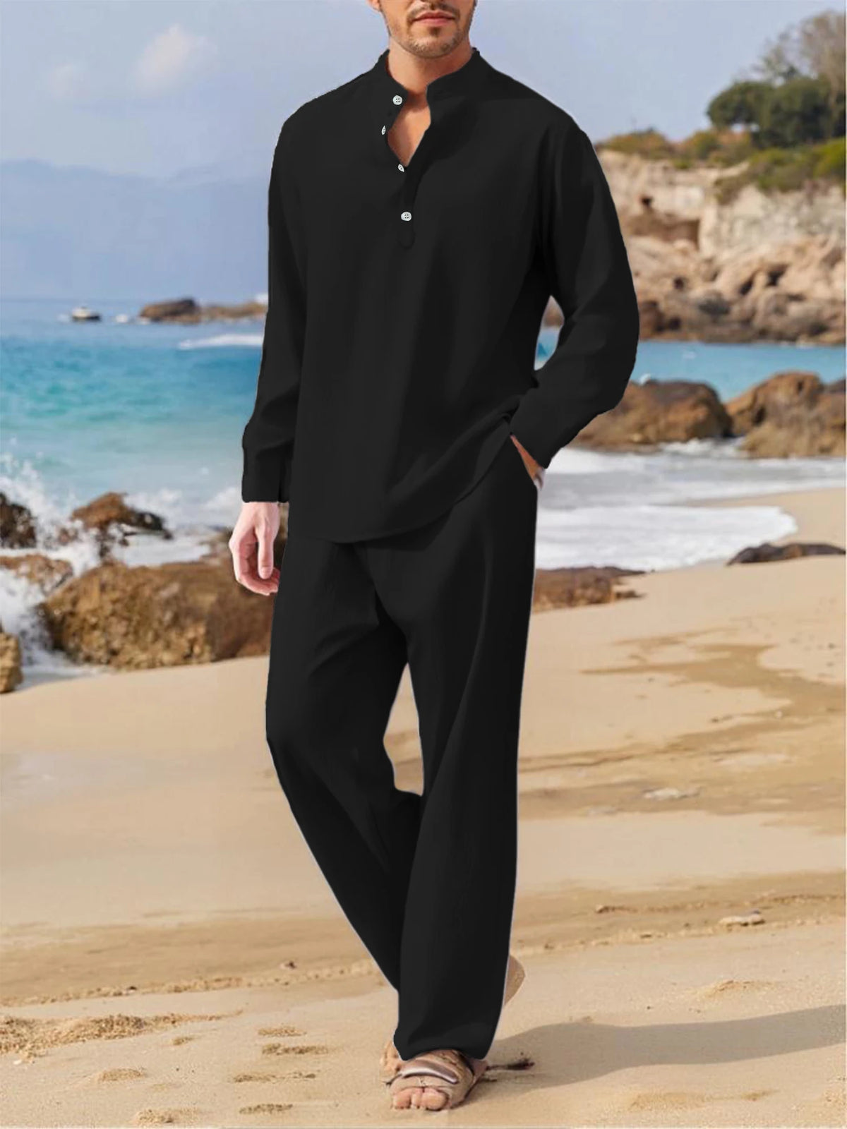 Ensemble Homme Chemise Col V Sans Manches + Pantalon Casual Beach Outdoor – CLEVI Paris