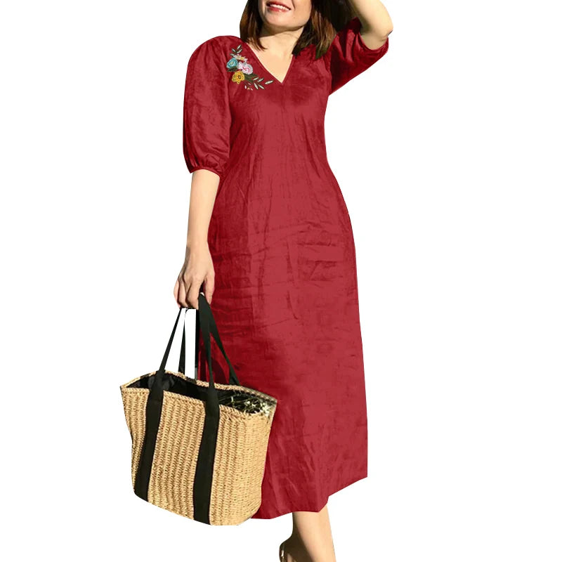 Robe Femme Col V Broderie Florale Manches Mi-Longues Mi-Mollet Bohème – CLEVI Paris