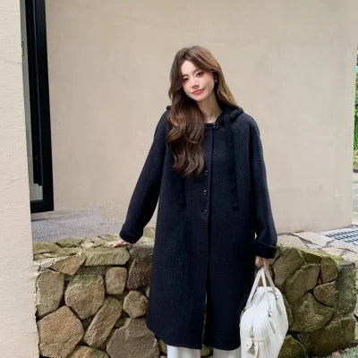 Manteau long en laine à capuche femme – CLEVI Paris