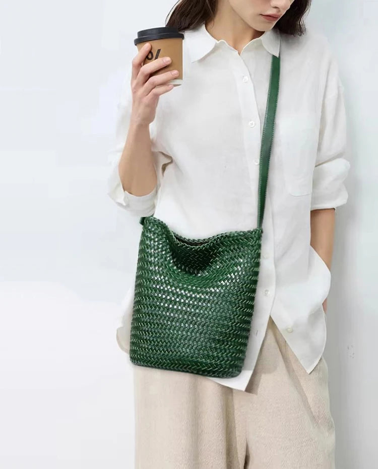 Sac seau tissé femme en cuir véritable – CLEVI Paris
