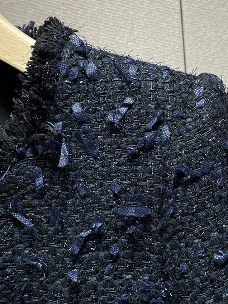 Veste femme en tweed bleu à col rond – CLEVI Paris
