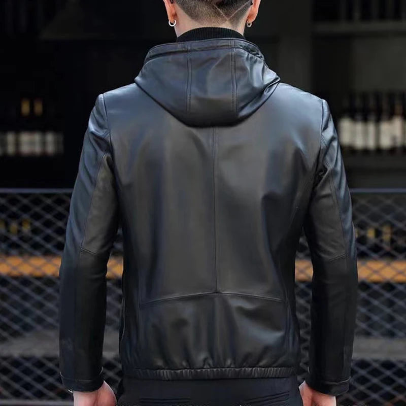 Blouson homme en cuir noir à capuche – CLEVI Paris