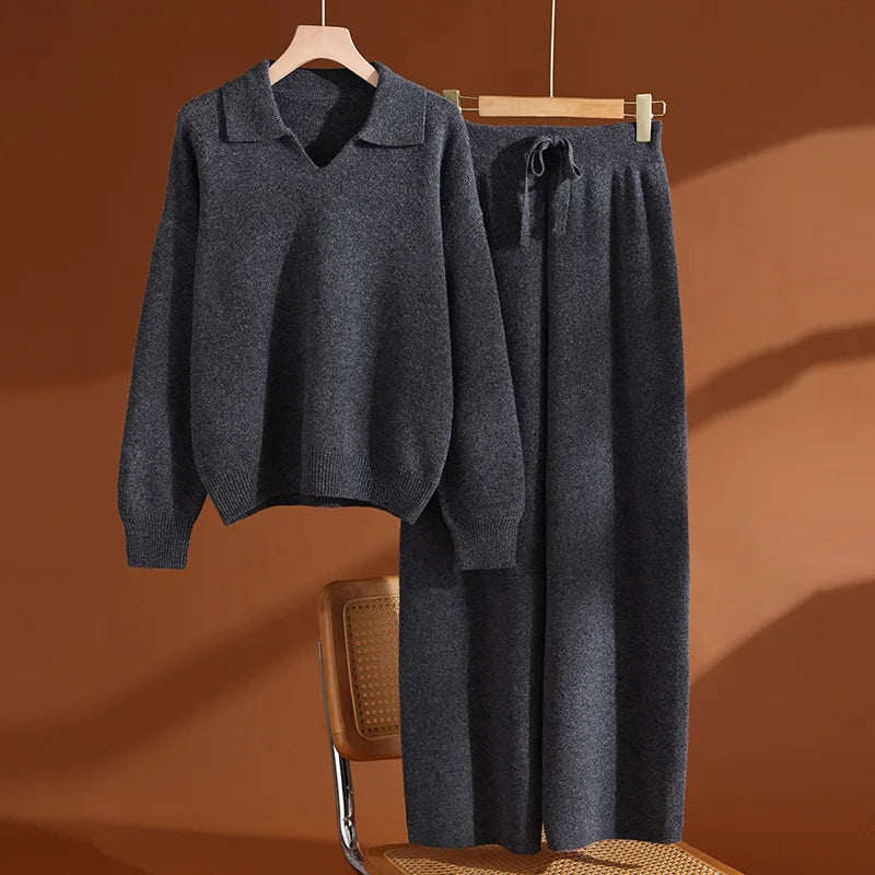 Ensemble laine femme, pull polo et pantalon – CLEVI Paris