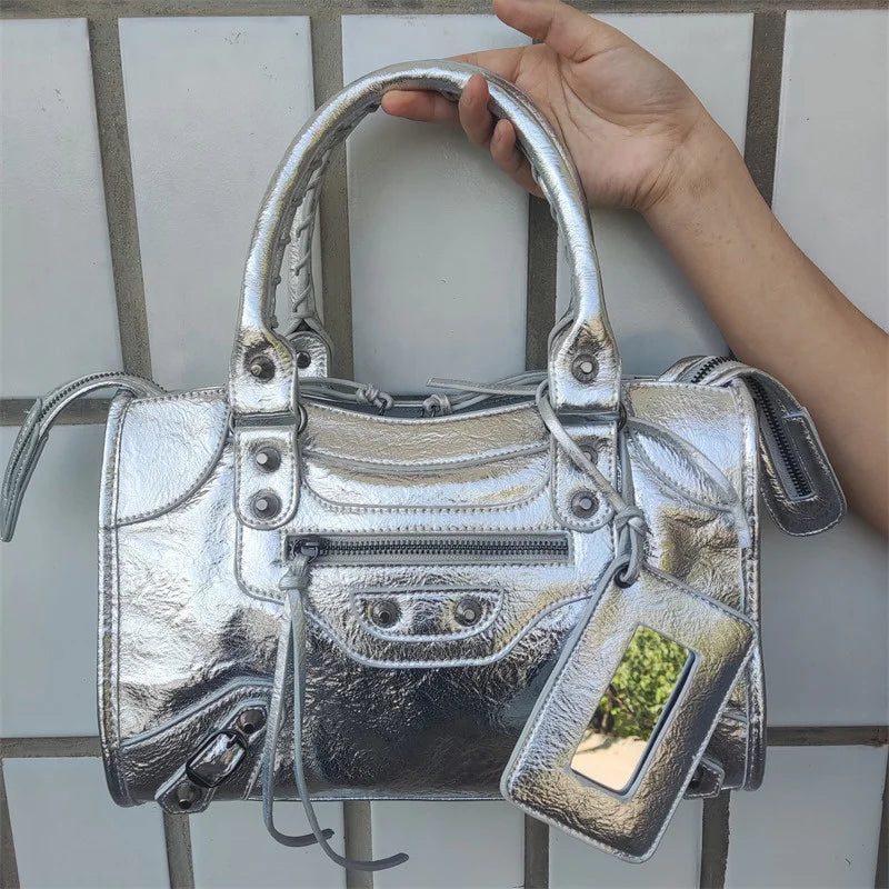Sac À Main PU Froissé Rivets Femme Miroir & Pompon 4 Tailles – CLEVI Paris