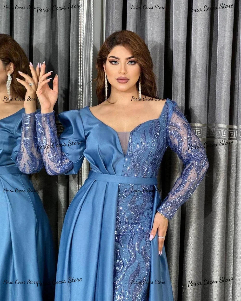 Robe de bal satin dentelle manches longues – CLEVI Paris