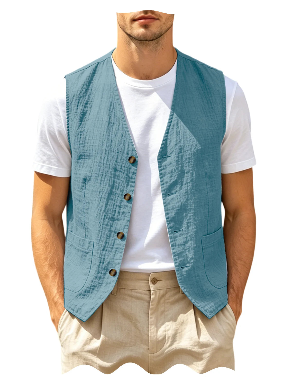 Gilet homme en lin col V – CLEVI Paris