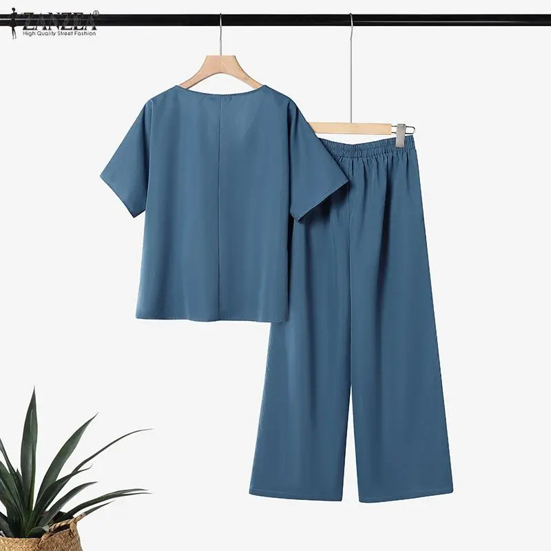 Ensemble 2 Pièces Femme Blouse Col V Manches Mi-Longues Boutonnée + Pantalon Large Taille Mi-Haute Élastique OL Casual 3 Coloris – CLEVI Paris