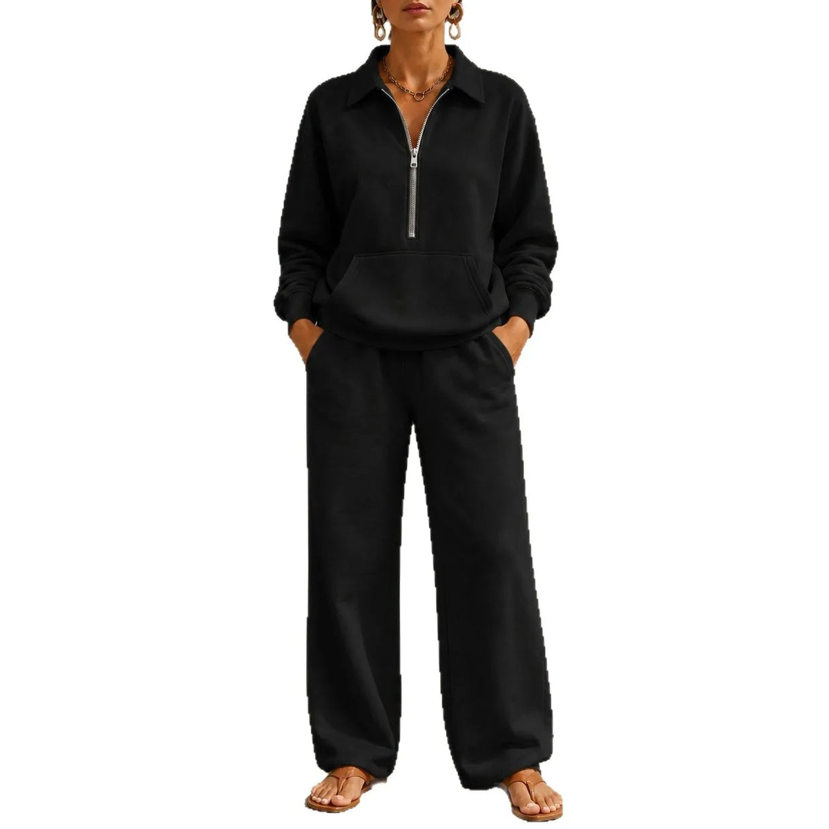 Ensemble femme sweat col zippé et pantalon large – CLEVI Paris