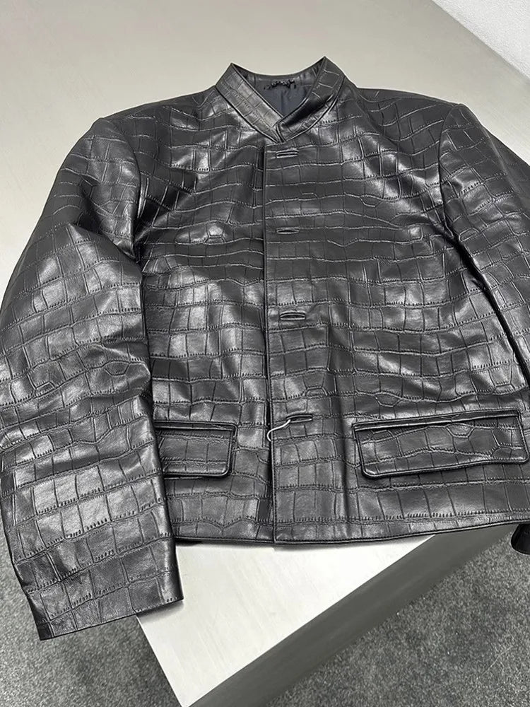 Veste homme en cuir noir motif crocodile – CLEVI Paris