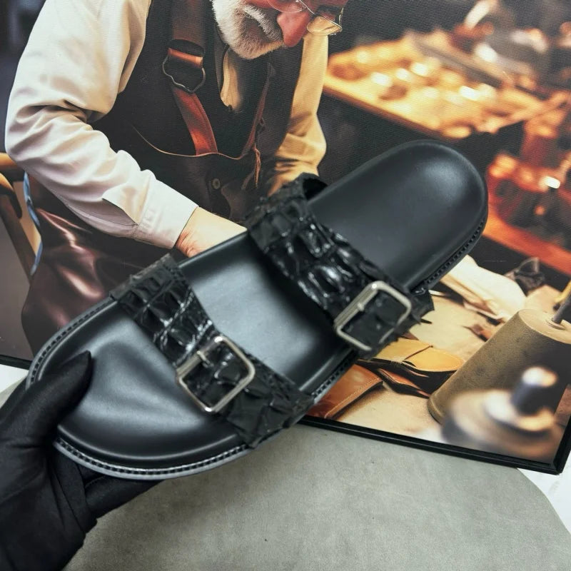 Sandales noires en cuir de crocodile réglables – CLEVI Paris