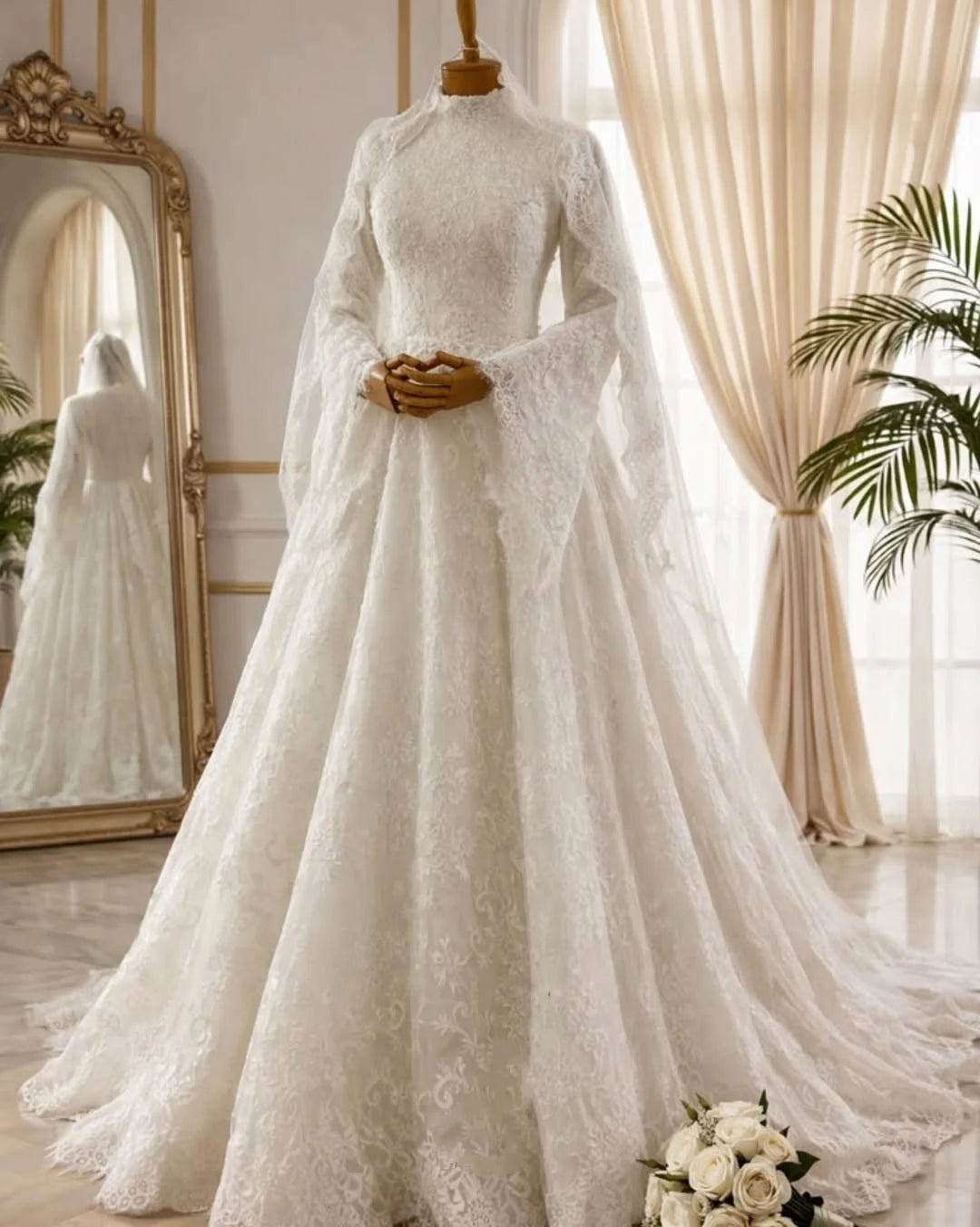 Robe de mariée en dentelle à col haut – CLEVI Paris