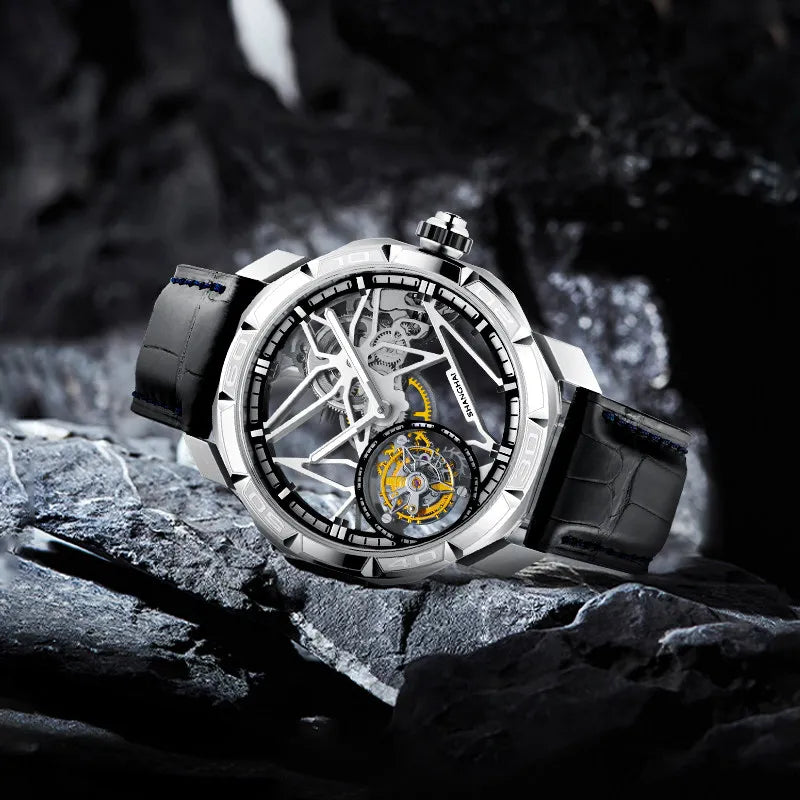 Montre Homme Manuel Tourbillon 7 Points Boîtier Octogonal Squelette Lumineux Alligator Shanghai Watch 23FB – CLEVI Paris