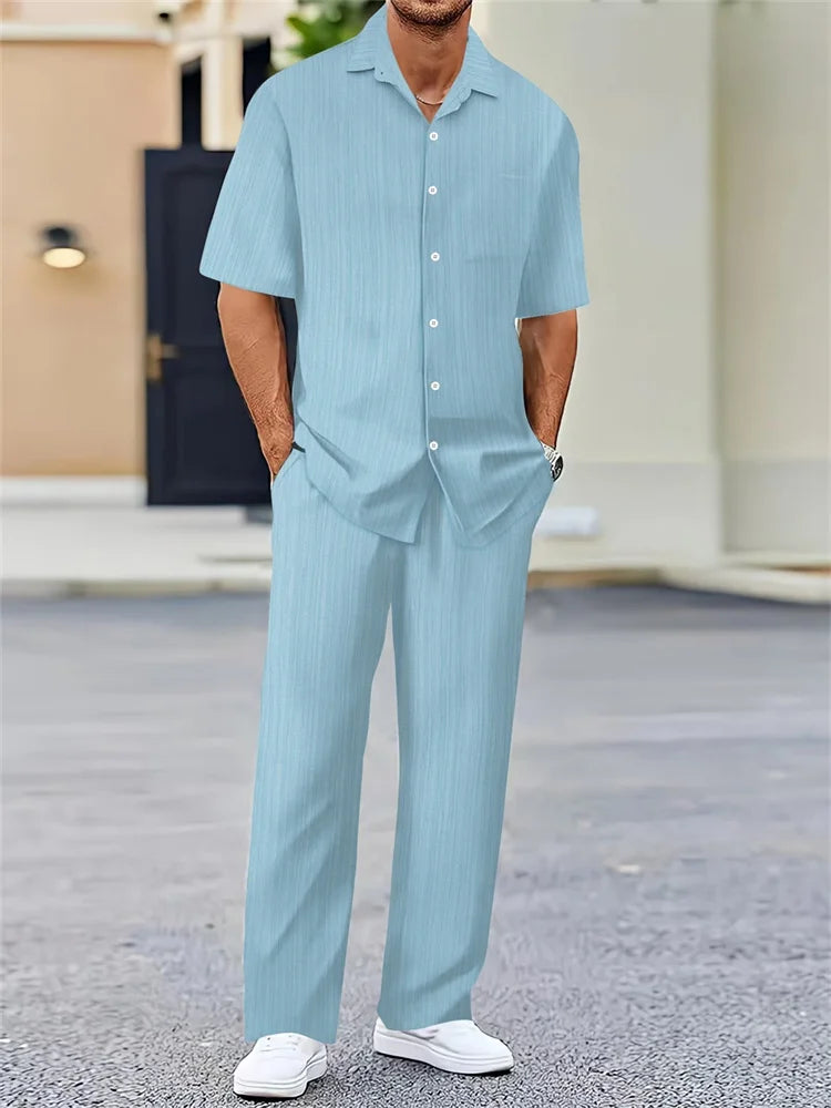 Ensemble 2 Pièces Homme Chemise Imprimée 3D Col Cranté + Pantalon Casual Voyage – 26 Motifs, S à 2XL – CLEVI Paris