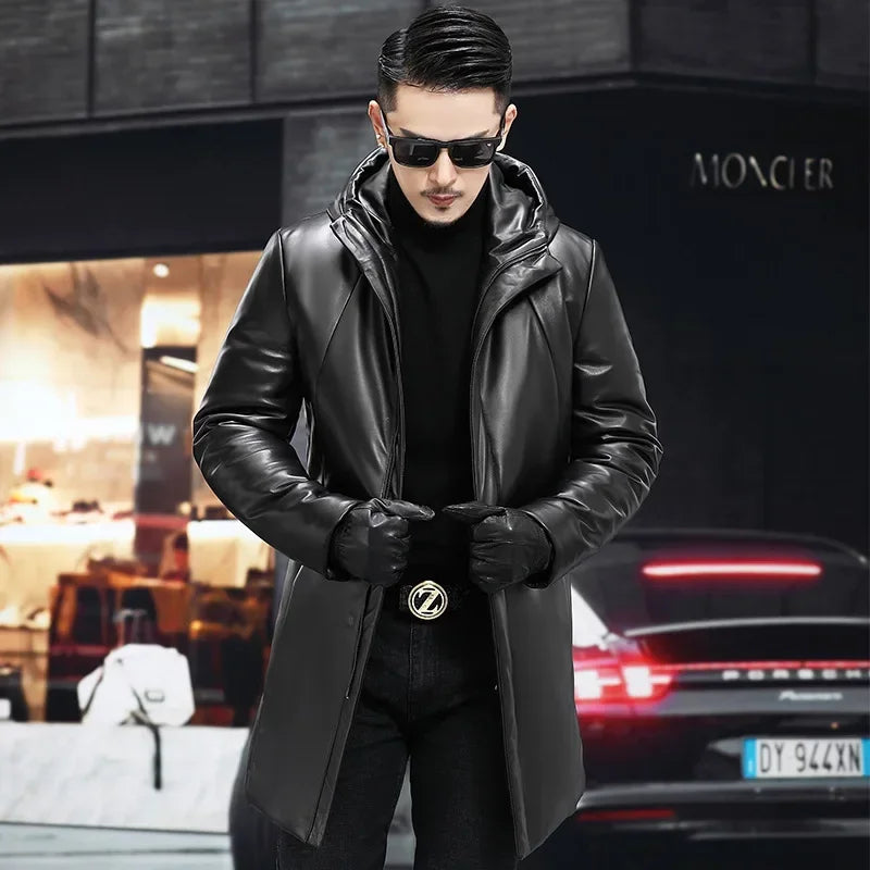 Manteau homme à capuche en cuir de mouton – CLEVI Paris