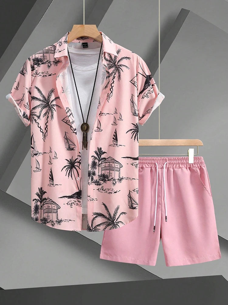 Ensemble Homme Chemise Manches Courtes Col V Imprimé 3D + Short de Plage Casual Streetwear Été – CLEVI Paris