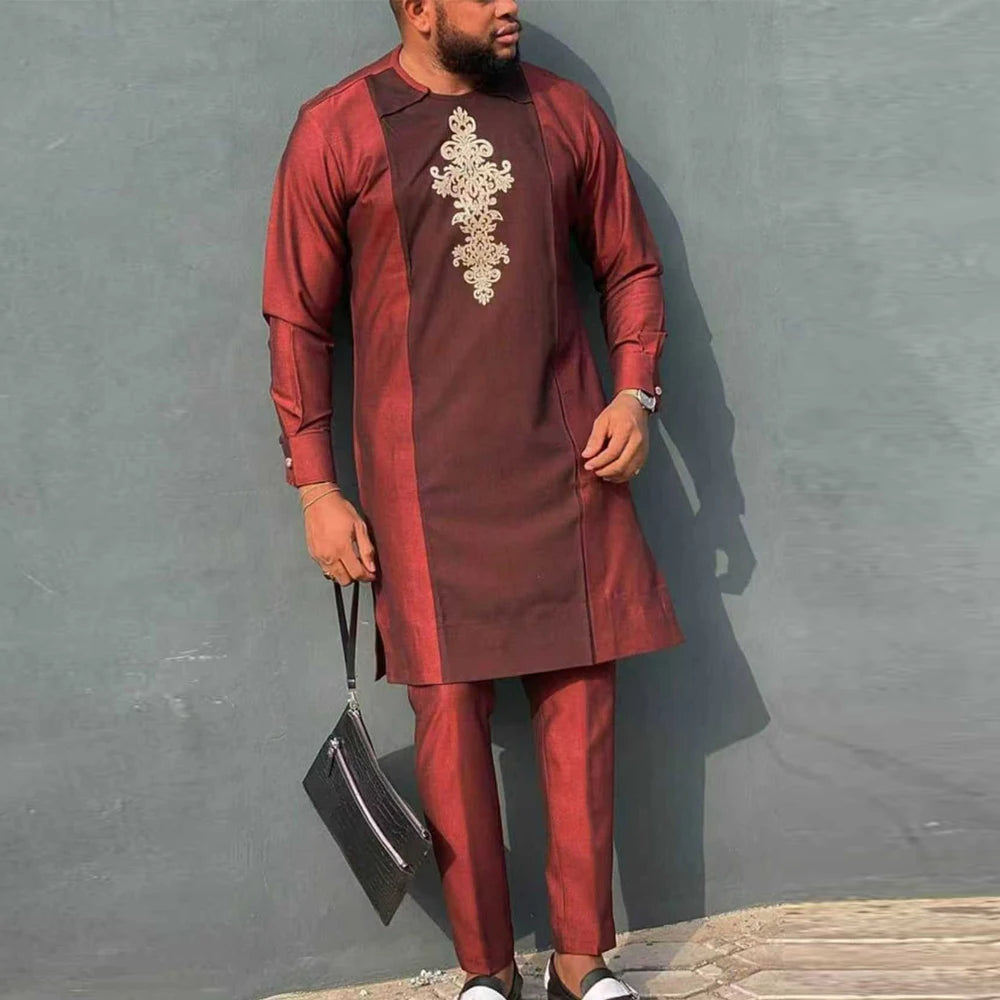 Ensemble Kaftan Africain Homme 2 Pièces – Costume Brodé Manches Longues – CLEVI Paris