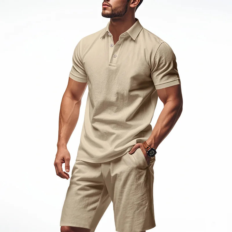 Ensemble 2 Pièces Homme Lin Chemise Polo Manches Courtes + Short Plage Casual Été – CLEVI Paris