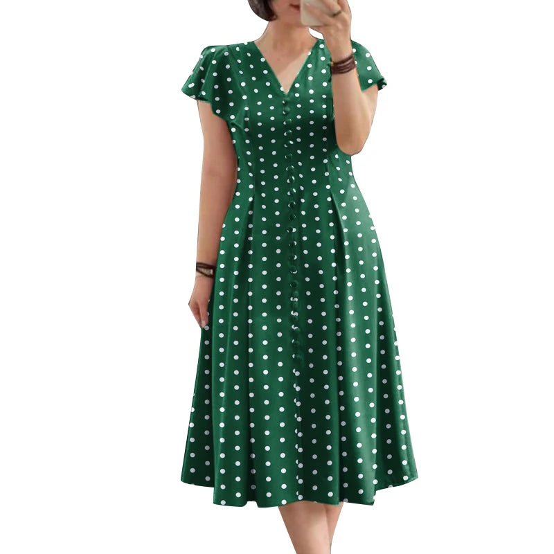 Robe Femme Col V Imprimé Pois Manches Papillon Vintage Mi-Mollet – CLEVI Paris