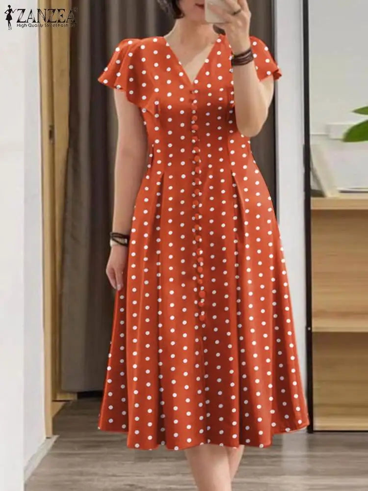 Robe Femme Col V Imprimé Pois Manches Papillon Vintage Mi-Mollet – CLEVI Paris