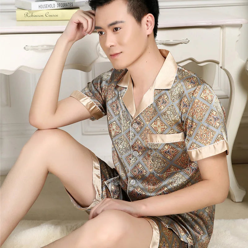 Pyjama Homme 2 Pièces Soie de Glace Satin Col Rabattu Manches Longues Style Luxe Imprimé Printemps Été – CLEVI Paris