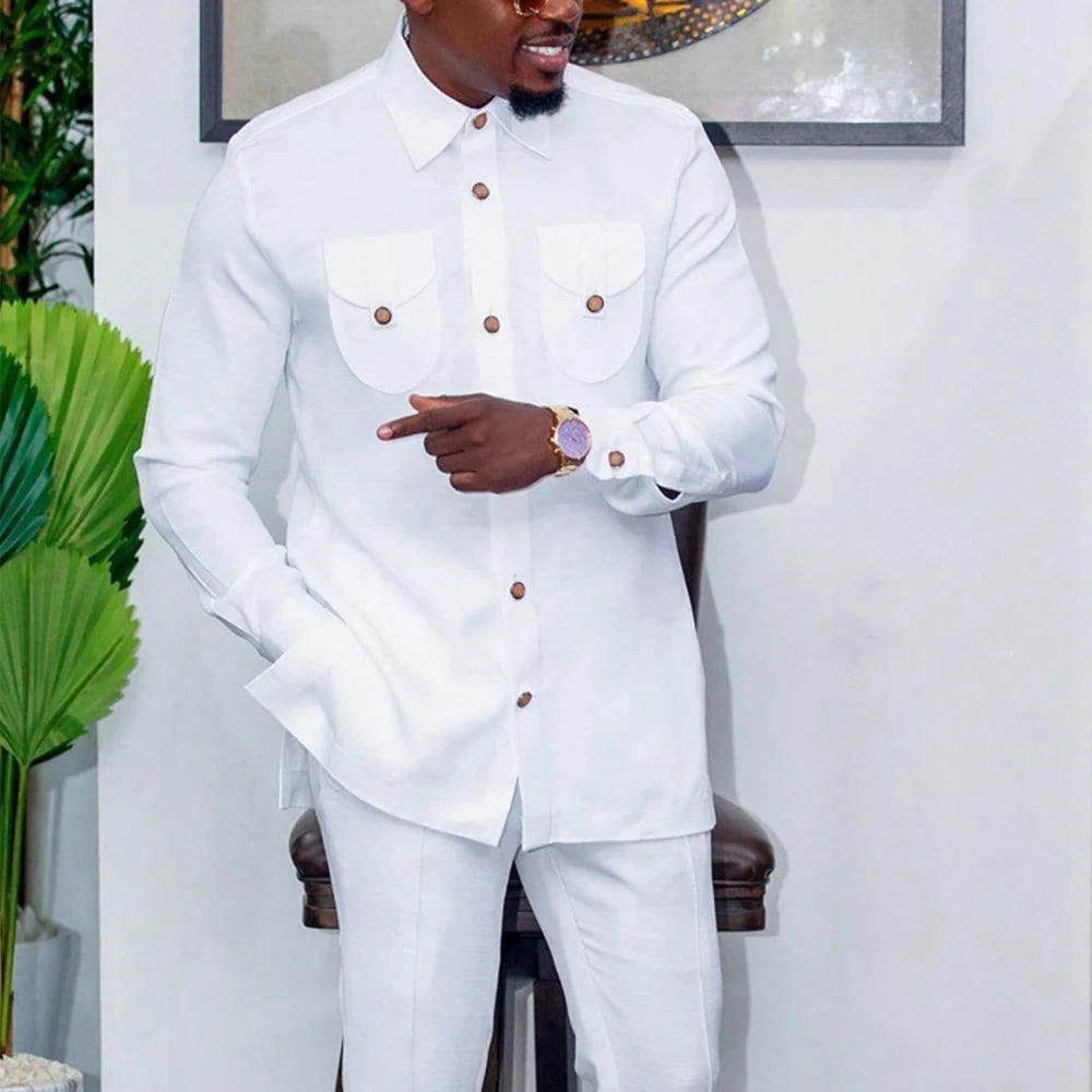 Kaftan Dashiki Homme 2 Pièces Brodé Manches Longues Col Rond + Pantalon Élastique Style Africain Mariage Fête M-4XL – CLEVI Paris