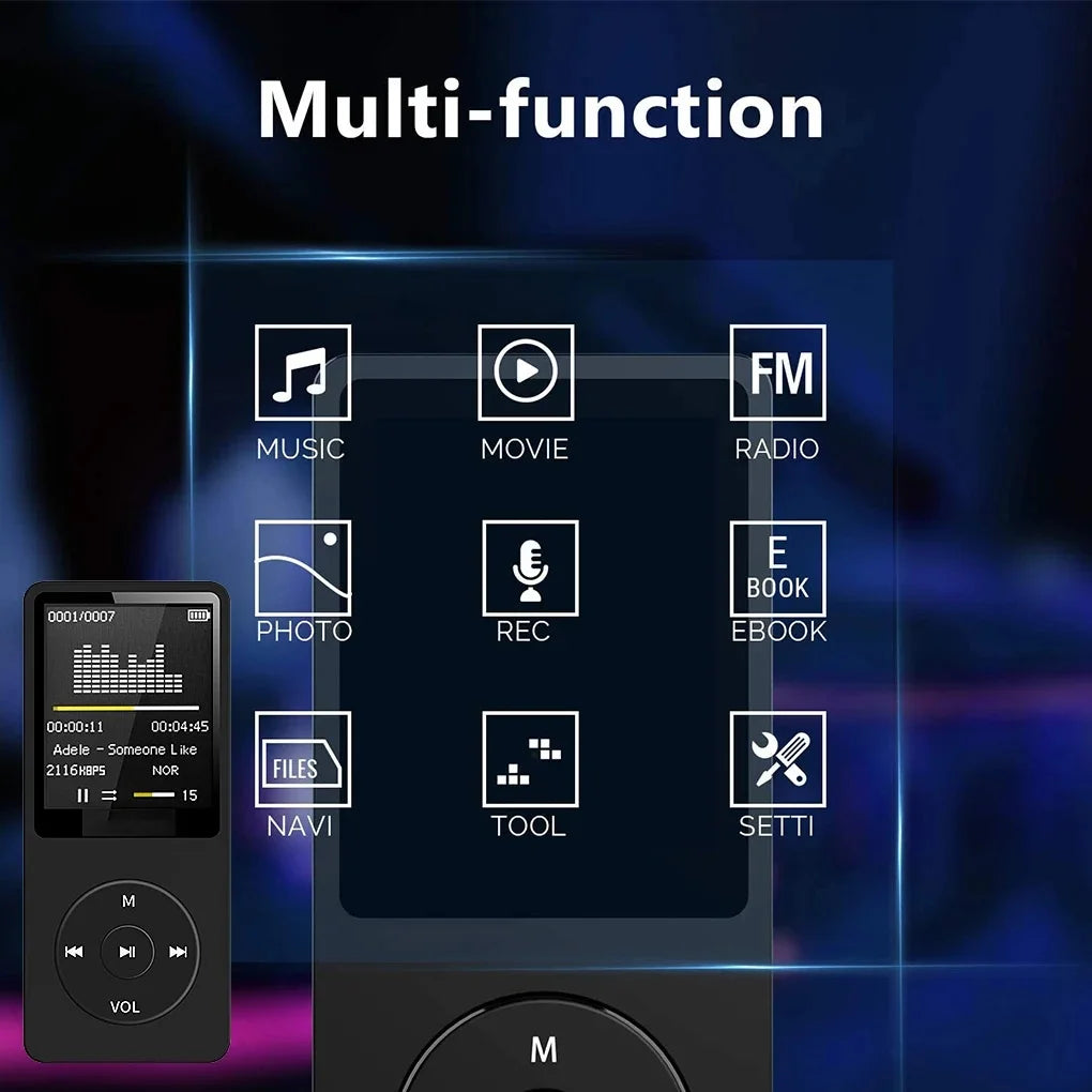 Lecteur MP3 Portable Ultra-Fin – Radio FM, Haut-parleur, Enregistreur, Écran 1,8", jusqu'à 64 Go