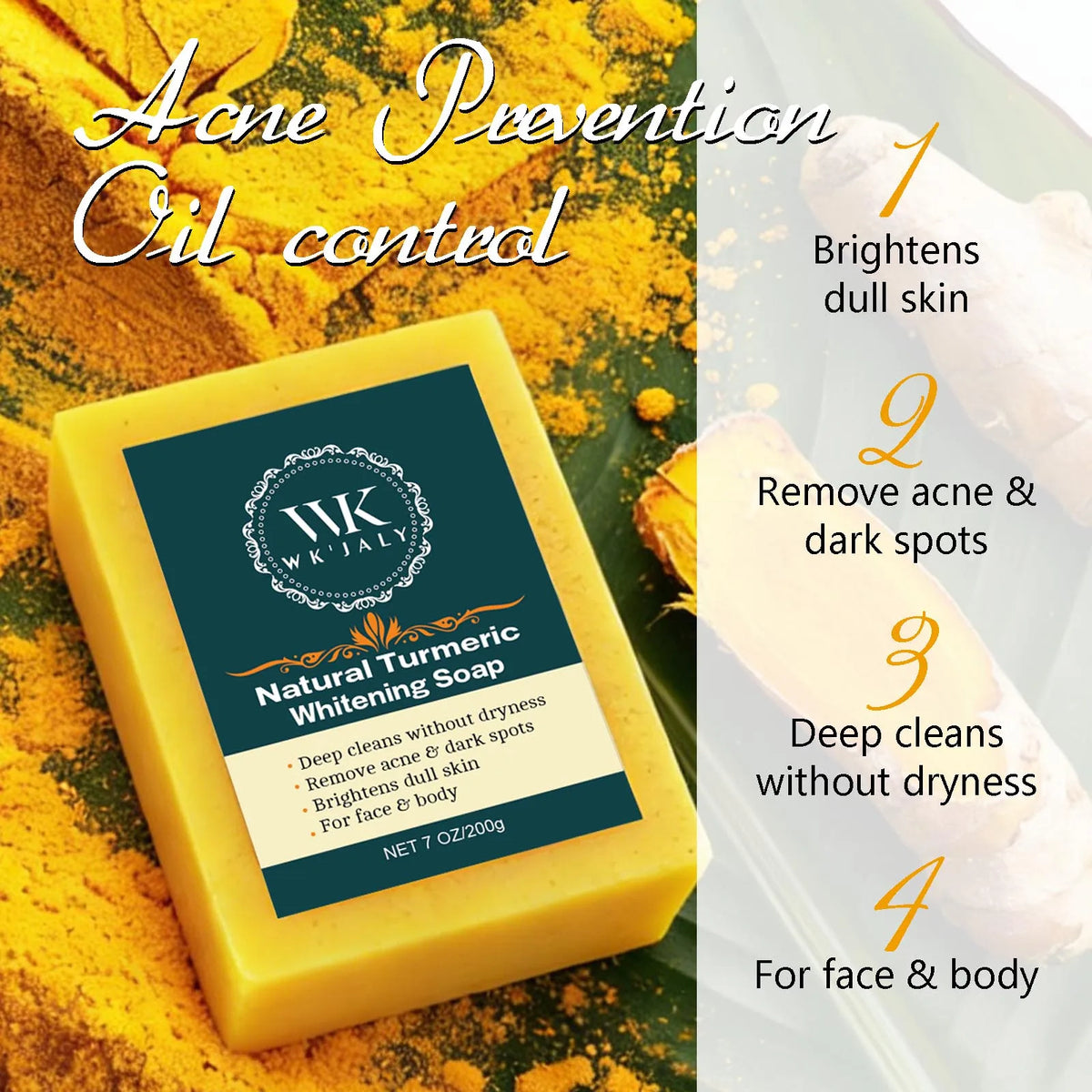 Savon Curcuma Éclaircissant WK'JALY – Anti-Acné, Anti-Taches & Acide Hyaluronique 200g – CLEVI Paris