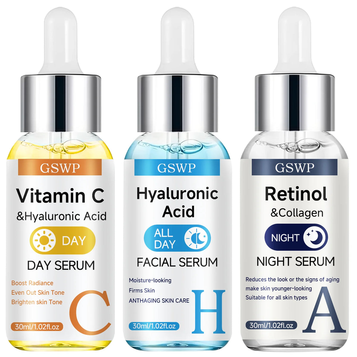 Sérum Jour & Nuit GSWP – Vitamine C, Rétinol & Acide Hyaluronique – Hydratant, Raffermissant & Éclaircissant – CLEVI Paris
