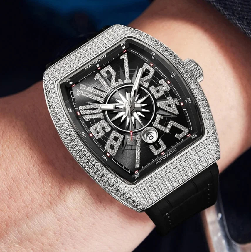 HANBORO 9029 Montre Homme Automatique Tonneau 445 Cristaux Étanche 5ATM – CLEVI Paris