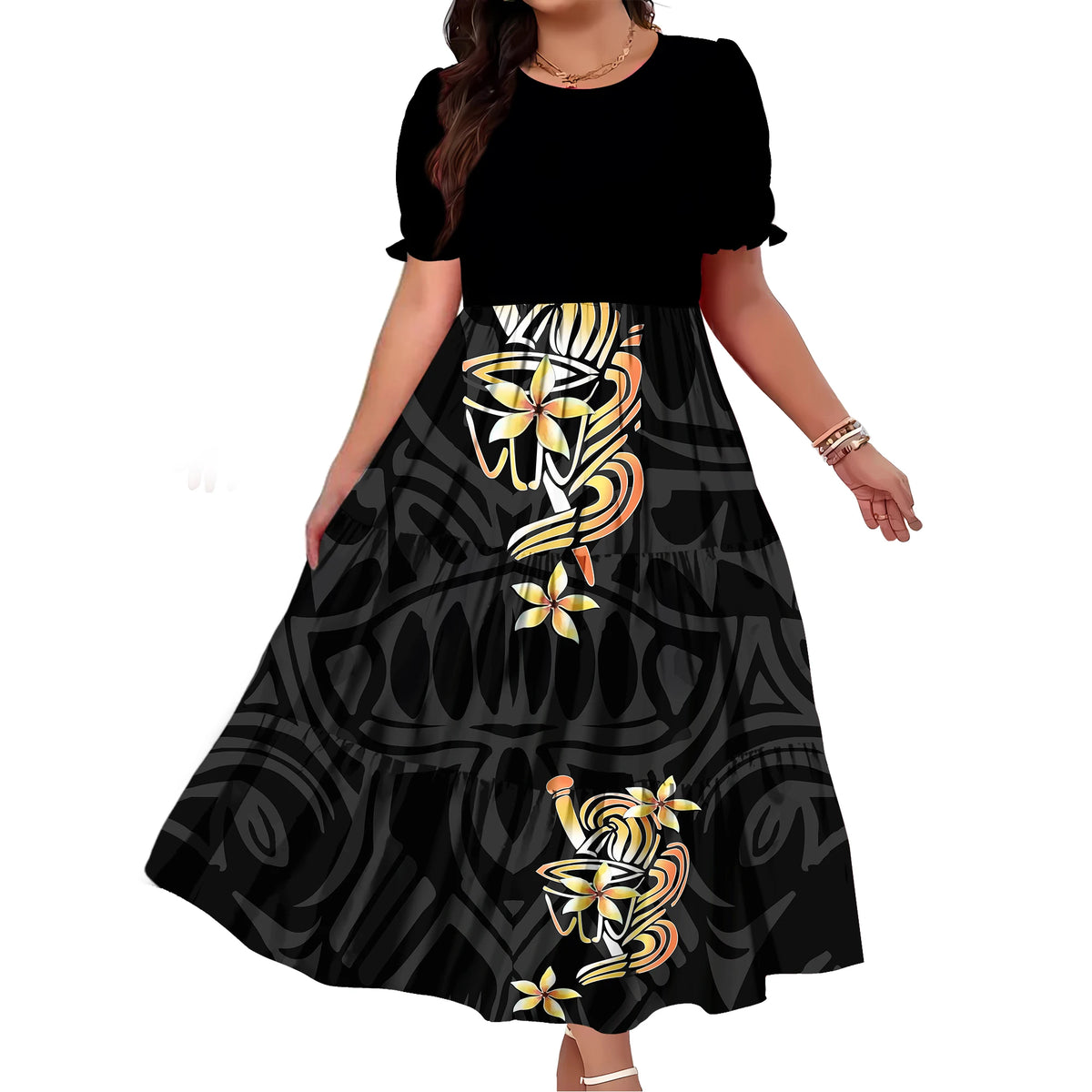 Robe Femme Longue Imprimé Polynésien Manches Bouffantes Ample Élégante – CLEVI Paris