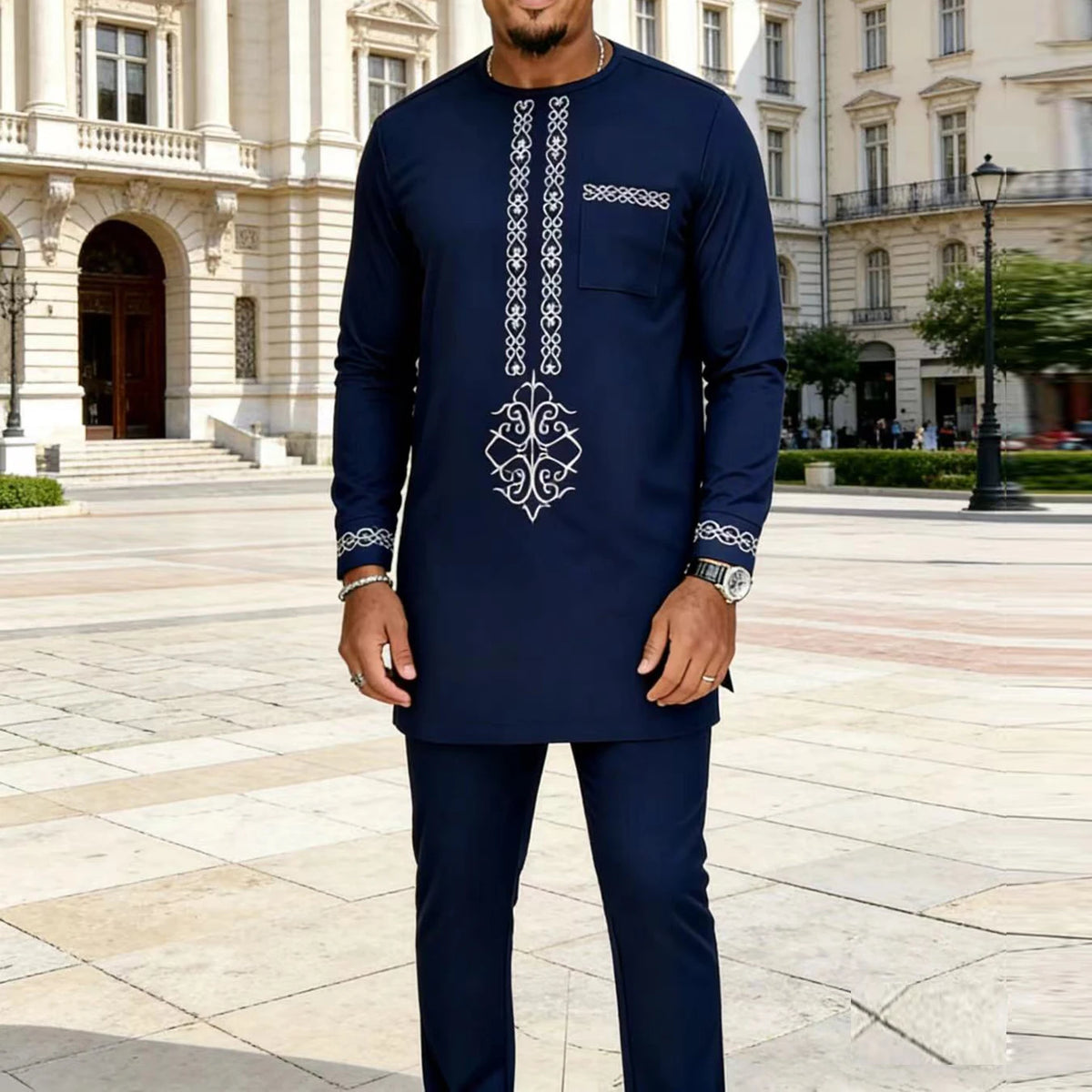 Ensemble Kaftan Homme Col Rond Manches Longues Tenue Africaine Traditionnelle 2 Pièces – CLEVI Paris
