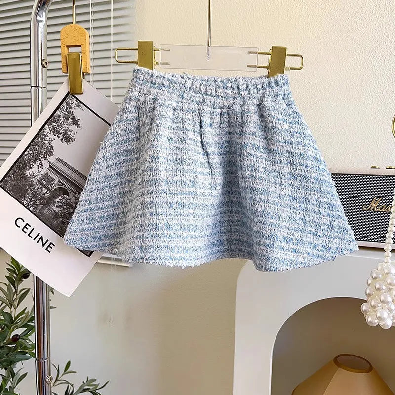 Ensemble fille bleu veste et jupe en coton – CLEVI Paris