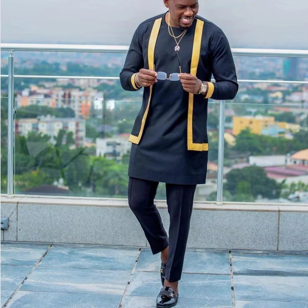 Ensemble 2 Pièces Homme Style Africain Chemise Manches Longues Col Rond + Pantalon Cordon Élégant XS-XXL – CLEVI Paris