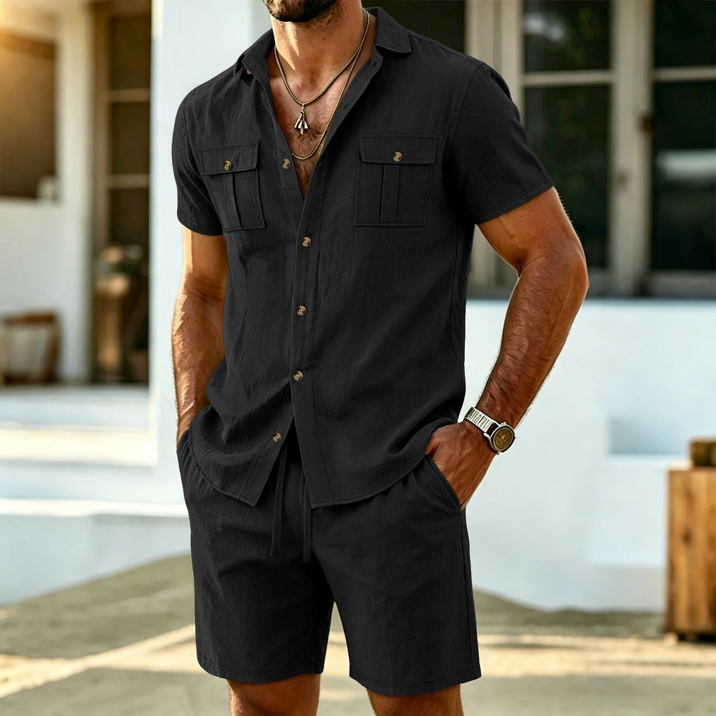 Ensemble 2 Pièces Homme Chemise Manches Courtes Boutonné Double Poche + Short Casual Cordon Été – CLEVI Paris