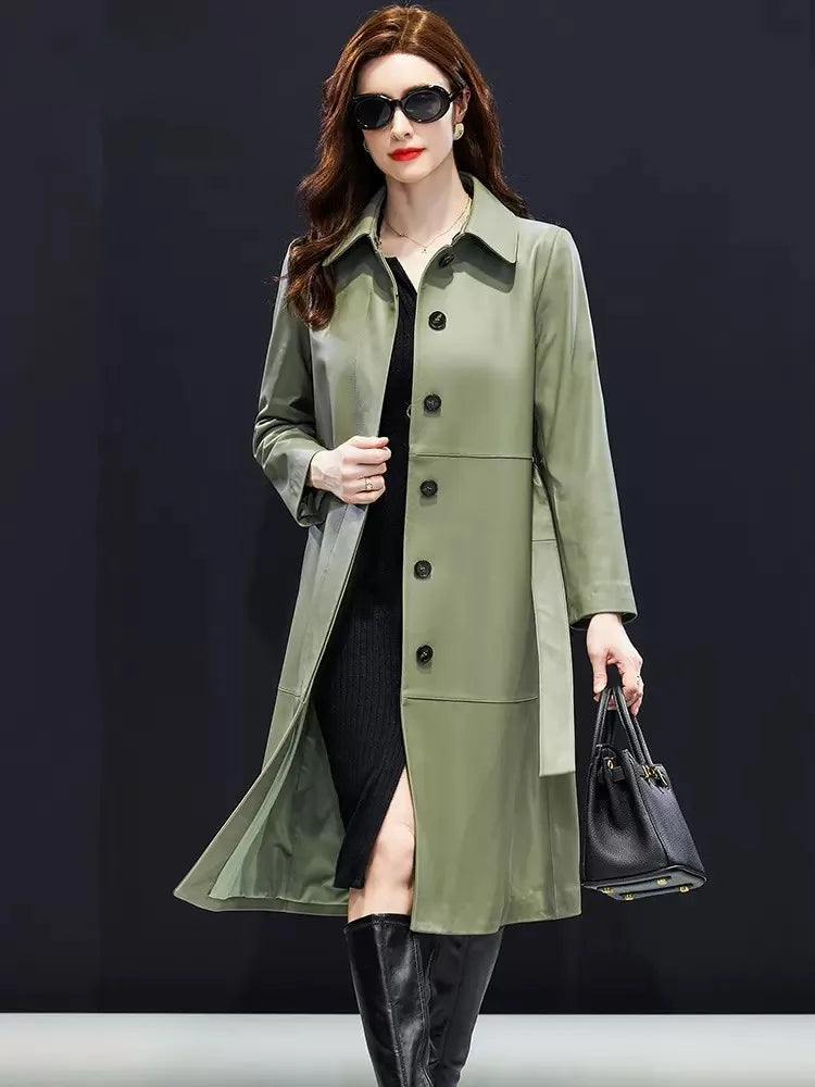 Manteau long femme cuir de mouton ceinturé – CLEVI Paris