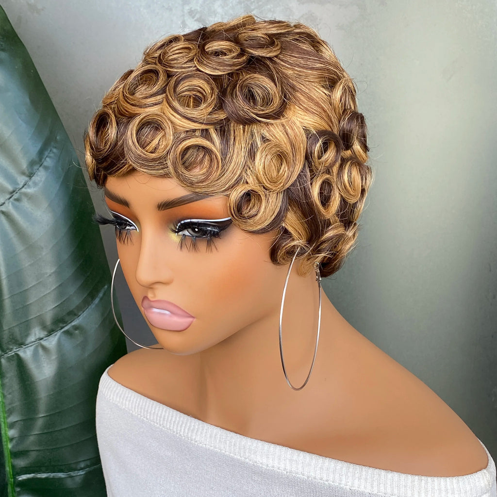 Perruque Pixie Cut Chioma Curly Wavy Highlight Cheveux Humains Brésiliens 150% 4 Teintes 6 Pouces – CLEVI Paris