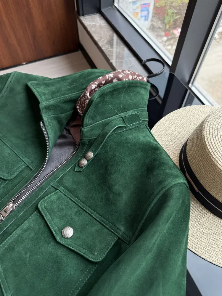 Blouson homme vert aspect daim à col rabattu – CLEVI Paris