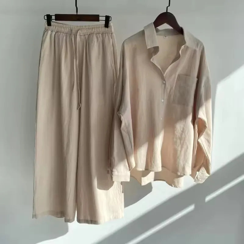 Ensemble 2 Pièces Femme Chemise Col Rabattu Manches Longues Coton Lin + Pantalon Large Taille Haute Cordon Casual 11 Coloris – CLEVI Paris