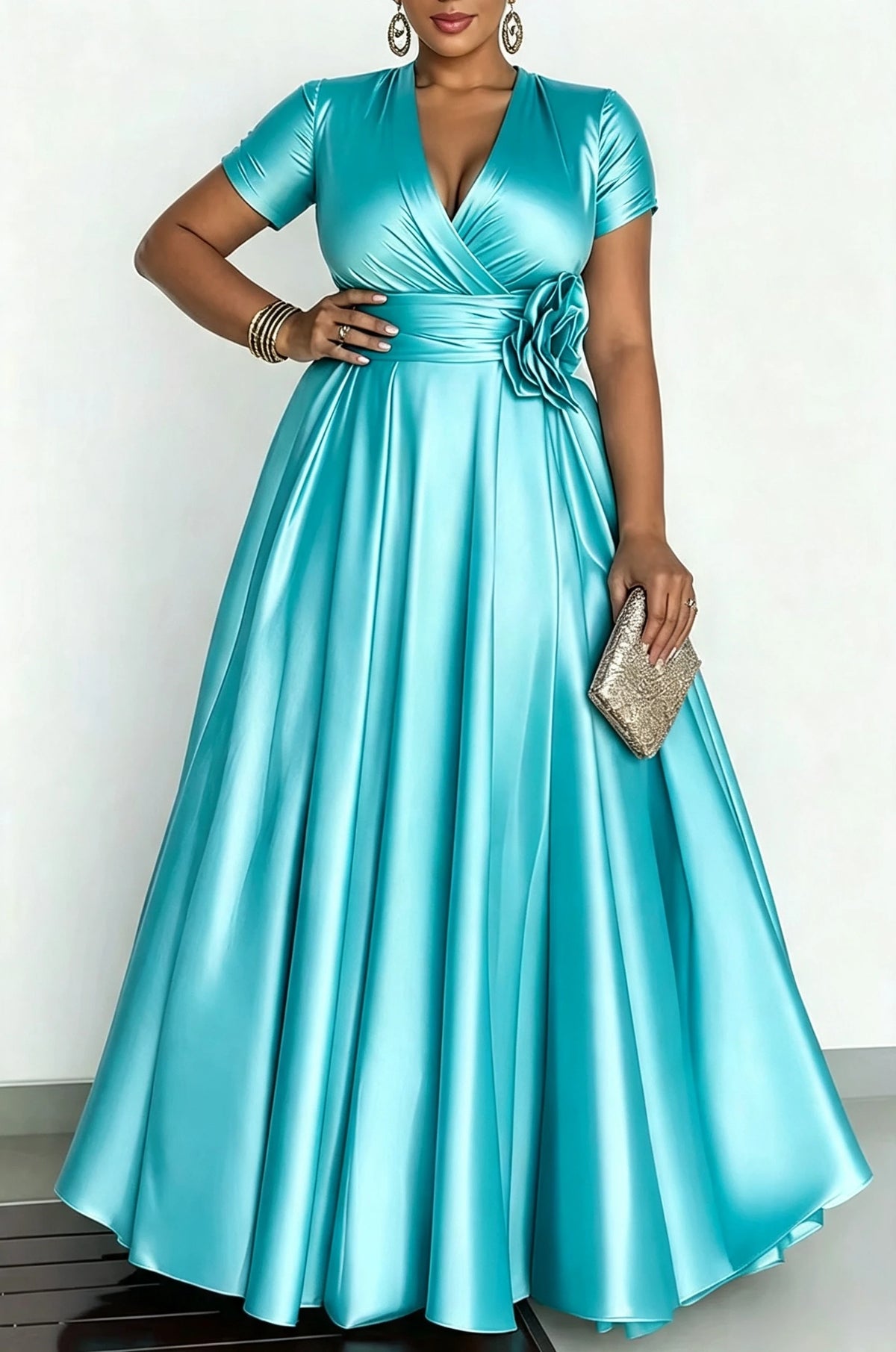 Robe de soirée satinée à fleur 3D – CLEVI Paris
