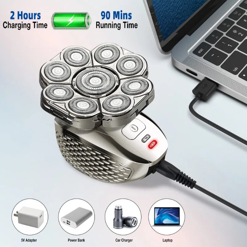 Rasoir Électrique Crâne 4D 9 Têtes Flottantes 6 en 1 – Rechargeable IPX6 Rasage Sec Humide 90 Min – CLEVI Paris