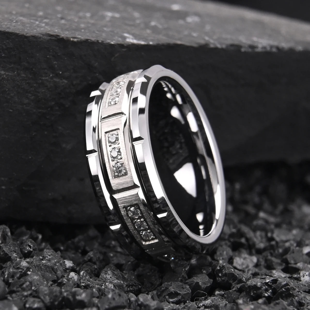 Bague homme en tungstène et zircon cubique blanc – CLEVI Paris