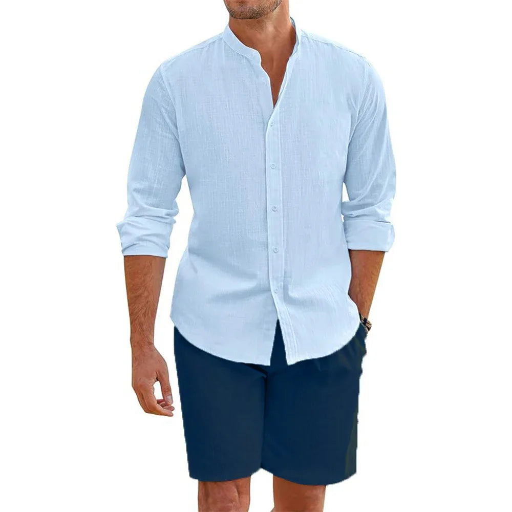 Ensemble 2 Pièces Homme Coton Lin Chemise Col Mao + Short Élastique Style Plage Casual – CLEVI Paris