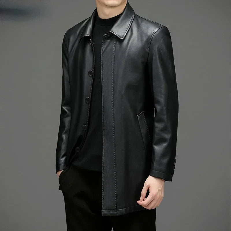 Veste longue homme en croûte de cuir noire – CLEVI Paris