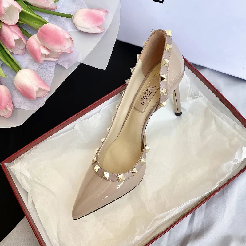 Escarpins Femme Talons Aiguilles Cuir Verni Rivets – CLEVI Paris