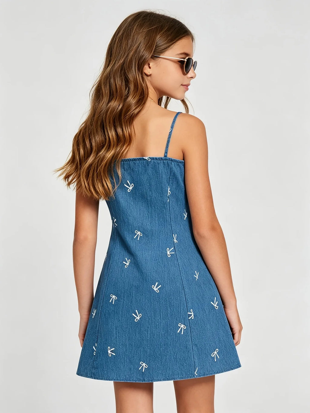 Robe fille bleue à bretelles et nœuds – CLEVI Paris