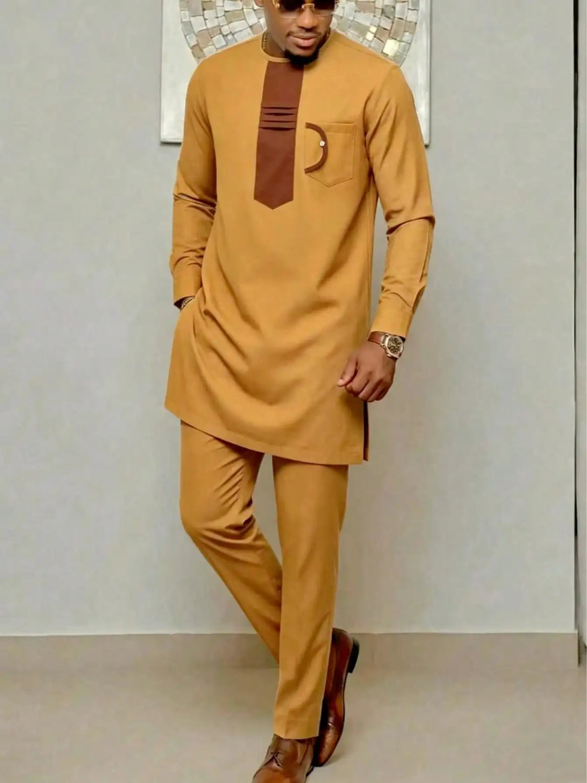 Kaftan Agbada Homme Style Africain 2 Pièces Veste Manches Longues + Pantalon Mariage Cérémonie S-XXL – CLEVI Paris